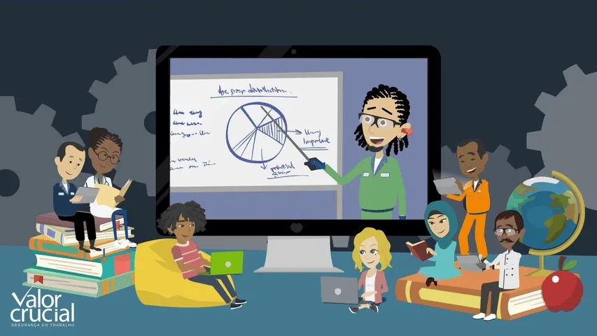 Aula online em ambiente descontraído com alunos assistindo na tela, celular, computador e tablete.